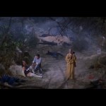 Despite the American title—"Shaolin Master Killer"—we never actually see our hero monk take a life. Here he is chanting the sutras while one of the other revolutionaries puts an end to an evil Mongol.